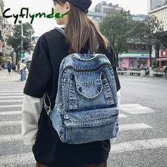 Cyflymder Blue Denim Women Backpack Casual Large Capacity Laptop School Zipper Girl Top Handle