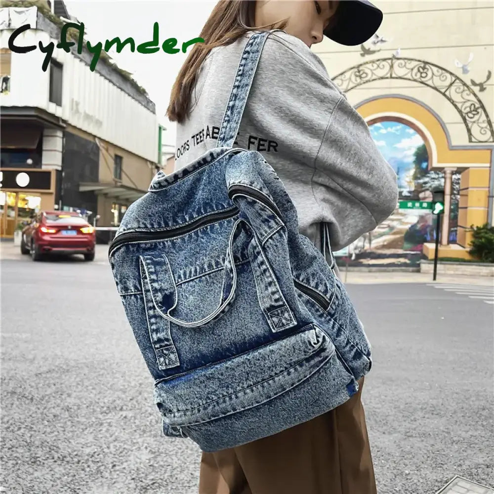 Cyflymder Blue Denim Women Backpack Casual Large Capacity Laptop School Zipper Girl Top Handle