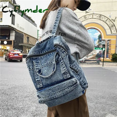 Cyflymder Blue Denim Women Backpack Casual Large Capacity Laptop School Zipper Girl Top Handle