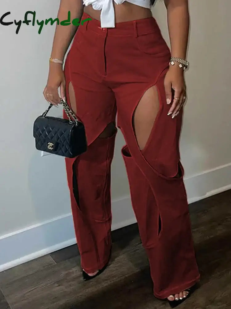 Blue Green Contrast Color Patchwork Wide Leg Trousers for Women High Waist Button Zipper Closure Hollow Out Straight Leg Pants