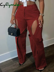 Blue Green Contrast Color Patchwork Wide Leg Trousers for Women High Waist Button Zipper Closure Hollow Out Straight Leg Pants