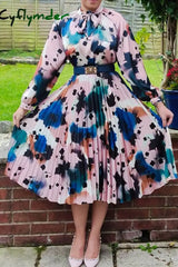 Cyflymder - Blue Pink Elegant Print Patchwork Fold O Neck A Line Dresses(Without Belt)