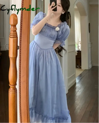 Cyflymder Blue Princess Vintage Dress Women Elegant Bow Korean Fairy Midi Dress Femme Sexy Backless Lace-up Court