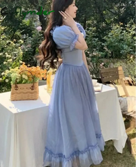 Cyflymder Blue Princess Vintage Dress Women Elegant Bow Korean Fairy Midi Dress Femme Sexy Backless Lace-up Court