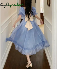 Cyflymder Blue Princess Vintage Dress Women Elegant Bow Korean Fairy Midi Dress Femme Sexy Backless Lace-up Court