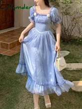 Cyflymder Blue Princess Vintage Dress Women Elegant Bow Korean Fairy Midi Dress Femme Sexy Backless Lace-up Court