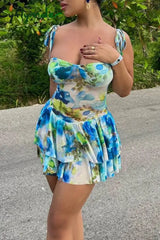 Cyflymder - Blue Sexy Print Bandage Backless Spaghetti Strap Sleeveless Dress Dresses