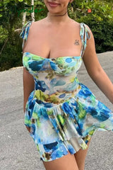 Cyflymder - Blue Sexy Print Bandage Backless Spaghetti Strap Sleeveless Dress Dresses