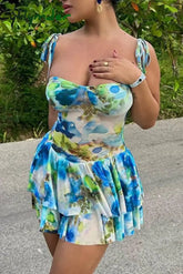 Cyflymder - Blue Sexy Print Bandage Backless Spaghetti Strap Sleeveless Dress Dresses / S