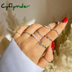 Cyflymder Bohemian Butterfly Pearl Rings Set for Women Shine Pearl Gothic Vintage Plated Retro Rhinestone Simple Finger