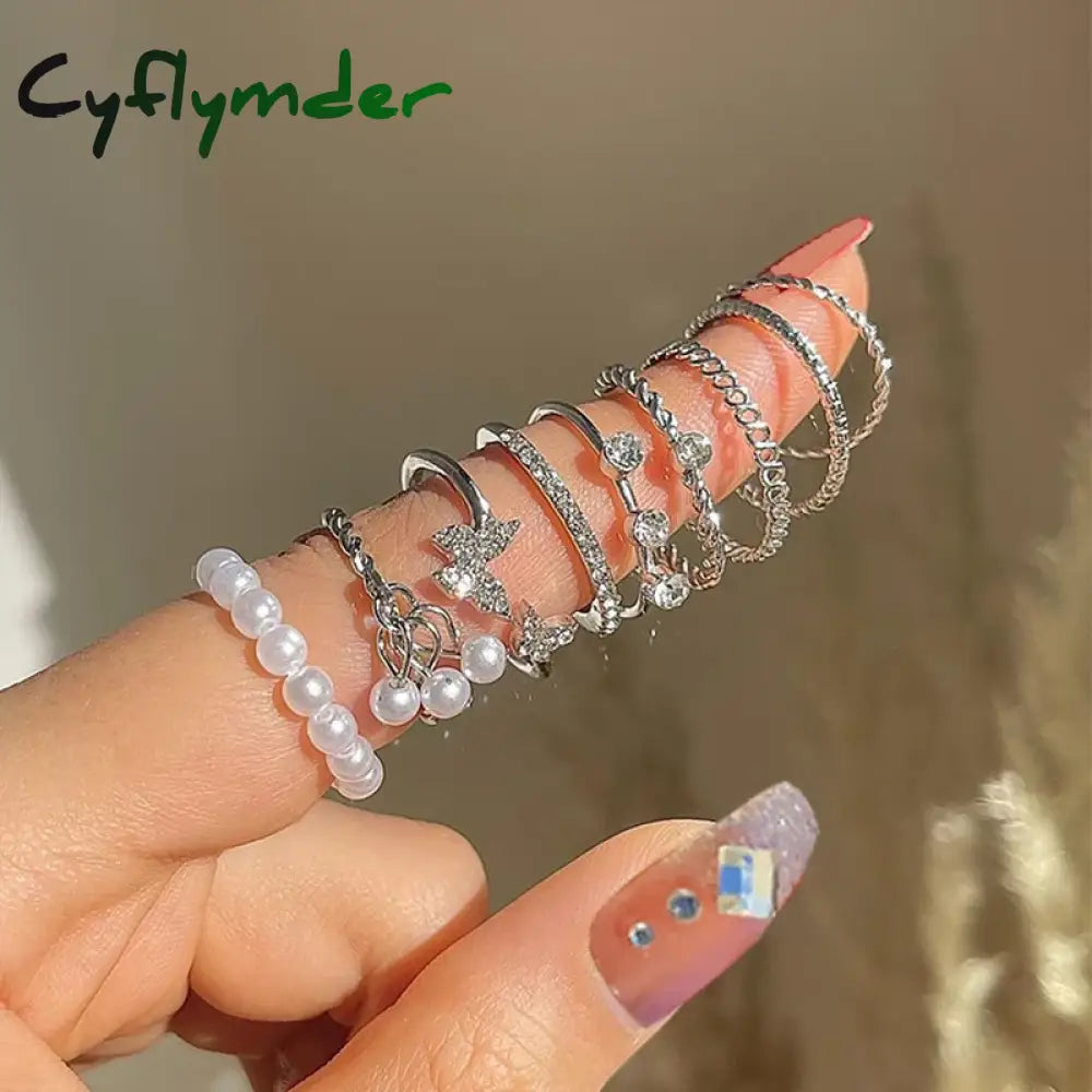 Cyflymder Bohemian Butterfly Pearl Rings Set for Women Shine Pearl Gothic Vintage Plated Retro Rhinestone Simple Finger