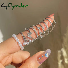 Cyflymder Bohemian Butterfly Pearl Rings Set for Women Shine Pearl Gothic Vintage Plated Retro Rhinestone Simple Finger