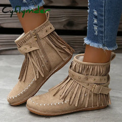 Cyflymder Bohemian Style Tassels Ankle Boots Women Retro Faux Suede Buckle Strap Short Woman Plus