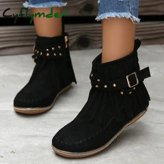 Cyflymder Bohemian Style Tassels Ankle Boots Women Retro Faux Suede Buckle Strap Short Woman Plus