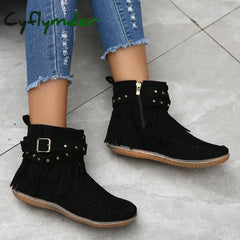 Cyflymder Bohemian Style Tassels Ankle Boots Women Retro Faux Suede Buckle Strap Short Woman Plus