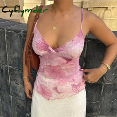 Cyflymder Boho Beach Backless Tank Tops Women Vest Y2k Coquette Tie Dye Print Camisole Elegant Ladies V Neck Sleeveless