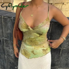 Cyflymder Boho Beach Backless Tank Tops Women Vest Y2k Coquette Tie Dye Print Camisole Elegant Ladies V Neck Sleeveless