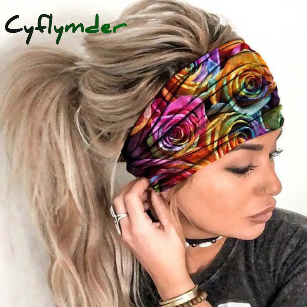 Cyflymder Boho Stretch Headwrap Women Rose Flower Print Headband Elastic Head Wrap Hair Band