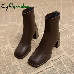 Cyflymder Booties Very High Heels Shoes for Women Heeled Brown Leather Footwear Work Short Female Ankle Boots Pu Sale