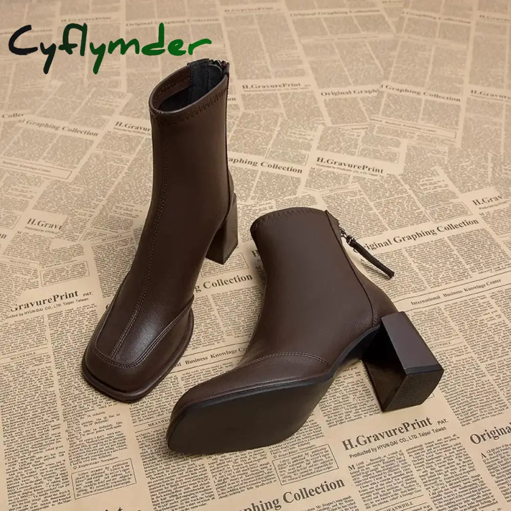 Cyflymder Booties Very High Heels Shoes for Women Heeled Brown Leather Footwear Work Short Female Ankle Boots Pu Sale