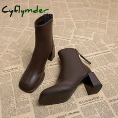 Cyflymder Booties Very High Heels Shoes for Women Heeled Brown Leather Footwear Work Short Female Ankle Boots Pu Sale