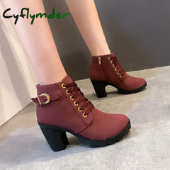 Cyflymder Boots Women Shoes Women Fashion High Heel Lace Up Ankle Boots Ladies Buckle Platform Artificial Leather Shoes