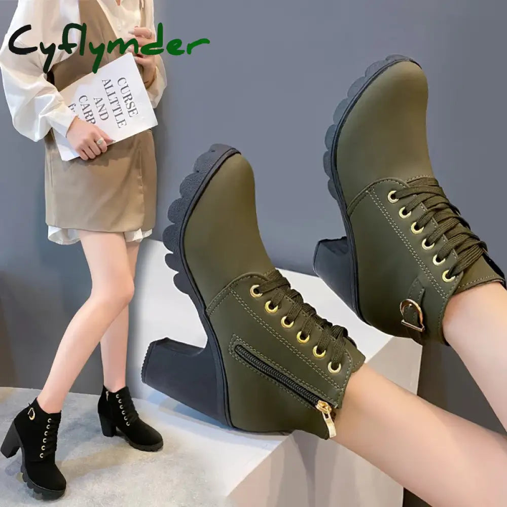 Cyflymder Boots Women Shoes Women Fashion High Heel Lace Up Ankle Boots Ladies Buckle Platform Artificial Leather Shoes