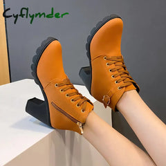 Cyflymder Boots Women Shoes Women Fashion High Heel Lace Up Ankle Boots Ladies Buckle Platform Artificial Leather Shoes