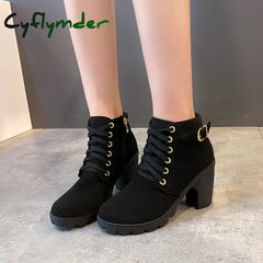 Cyflymder Boots Women Shoes Women Fashion High Heel Lace Up Ankle Boots Ladies Buckle Platform Artificial Leather Shoes