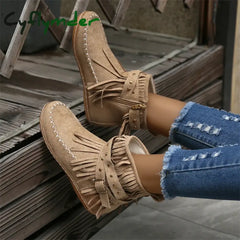 Cyflymder Botines Autumn Flat Heel Ankle Boots Retro Suede Tassel Women Boots Fashion Round Toe Soft Sole Short Boots