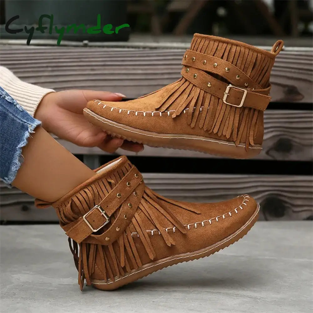 Cyflymder Botines Autumn Flat Heel Ankle Boots Retro Suede Tassel Women Boots Fashion Round Toe Soft Sole Short Boots
