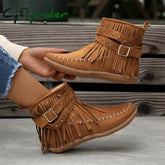 Cyflymder Botines Autumn Flat Heel Ankle Boots Retro Suede Tassel Women Boots Fashion Round Toe Soft Sole Short Boots