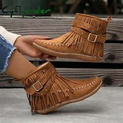 Cyflymder Botines Autumn Flat Heel Ankle Boots Retro Suede Tassel Women Boots Fashion Round Toe Soft Sole Short Boots