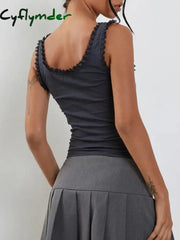 Cyflymder Bow Print Lace Frill Camis Female Y2K Aesthetic Vintage Square Neck Summer Coqutte Crop