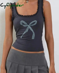 Cyflymder Bow Print Lace Frill Camis Female Y2K Aesthetic Vintage Square Neck Summer Coqutte Crop