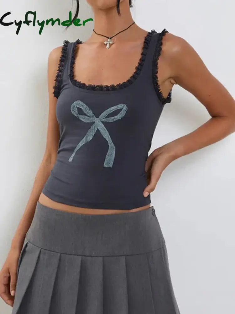 Bow Print Lace Frill Camis Female Y2K Aesthetic Vintage Square Neck Summer Coqutte Crop Top Women Mini Vest 2024