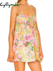 Cyflymder Bow Ruched Bra Corset Style Flower Print Spaghetti Strap Mini Dress Women Backless Skater