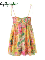 Cyflymder Bow Ruched Bra Corset Style Flower Print Spaghetti Strap Mini Dress Women Backless Skater