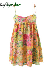 Bow Ruched Bra Corset Style Flower Print Spaghetti Strap Mini Dress Women Backless Skater Lacing up Sling Robe Holiday