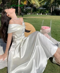 Cyflymder Bow Slash Neck Sexy Dress Summer Women White Fairy Elegant A-Line Midi Dresses Female