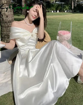 Bow Slash Neck Sexy Dress Summer Women White Fairy Elegant A-Line Midi Dresses Female Party Prom Clothes Vestdios