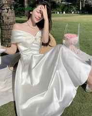 Bow Slash Neck Sexy Dress Summer Women White Fairy Elegant A-Line Midi Dresses Female Party Prom Clothes Vestdios