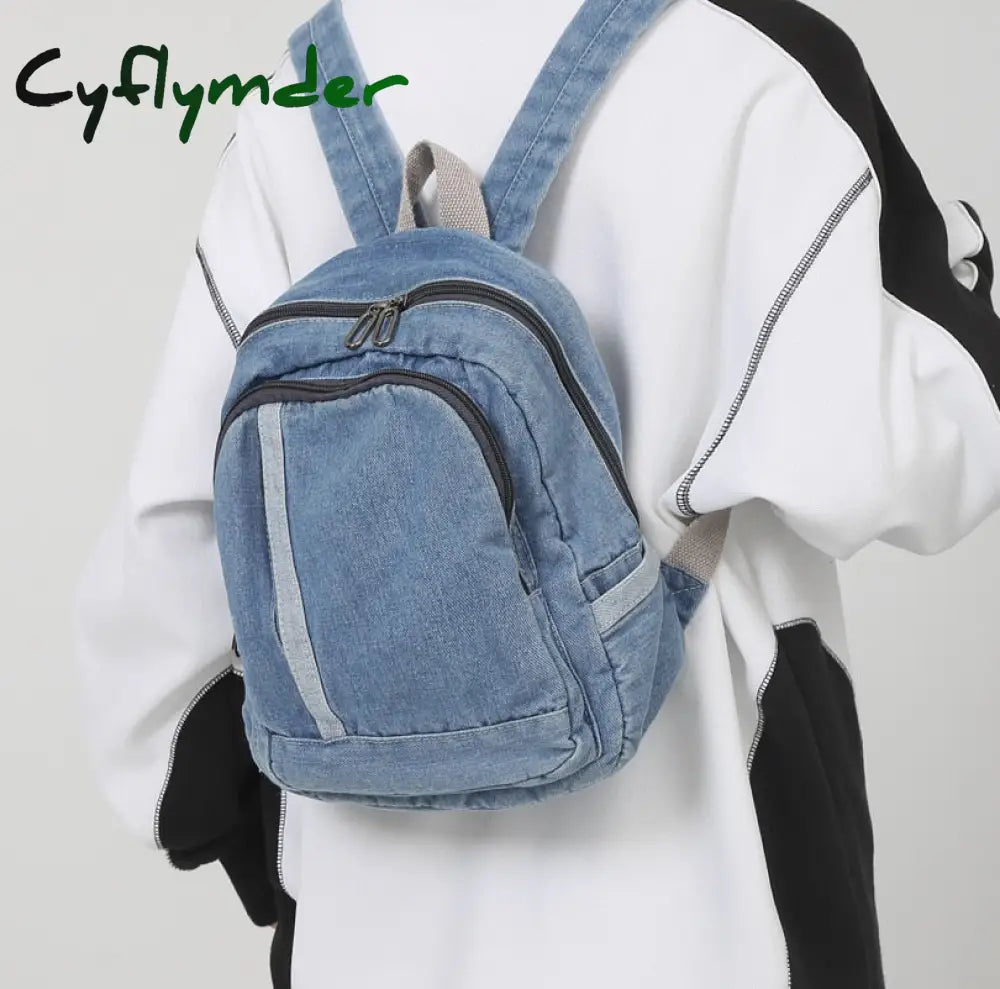 Cyflymder Brand Designer Denim Women’s Backpack Fashion Simple Bucket School Bag Travel Light Blue
