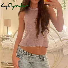 Cyflymder Bright Yarn Sheer See-Through Crop Top Summer Sleeveless O Neck Vest Sexy Club Party
