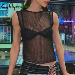 Cyflymder Bright Yarn Sheer See-Through Crop Top Summer Sleeveless O Neck Vest Sexy Club Party