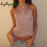 Cyflymder Bright Yarn Sheer See-Through Crop Top Summer Sleeveless O Neck Vest Sexy Club Party