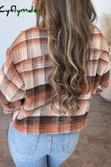 Cyflymder - Brown Casual Plaid Geometric Print Patchwork Buckle Turndown Collar Outerwear Jackets