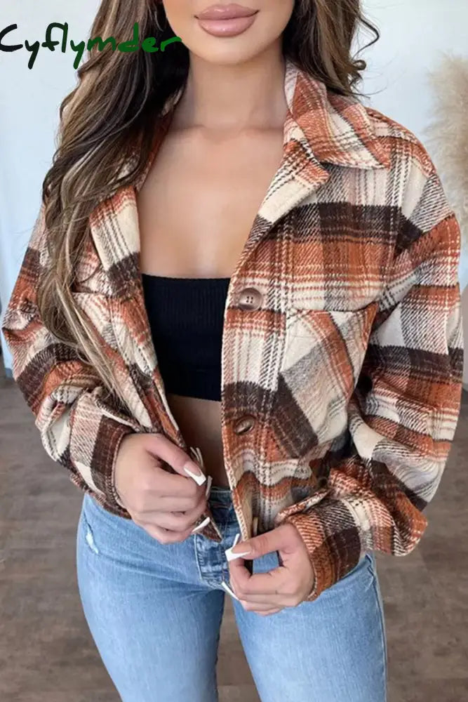 Cyflymder - Brown Casual Plaid Geometric Print Patchwork Buckle Turndown Collar Outerwear Jackets
