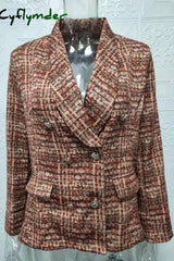 Cyflymder - Brown Casual Print Patchwork Cardigan Turn-Back Collar Outerwear Blazers