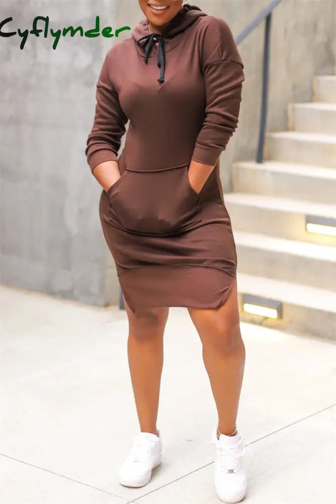 Cyflymder - Brown Casual Solid Patchwork Slit Hooded Collar Long Sleeve Dresses